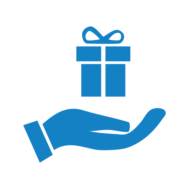 A blue icon of a hand and a gift
