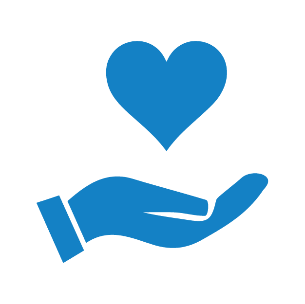 A blue icon of a hand and a heart