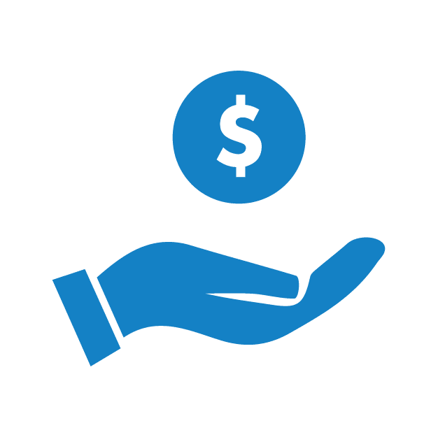 A blue icon of a hand and a coin