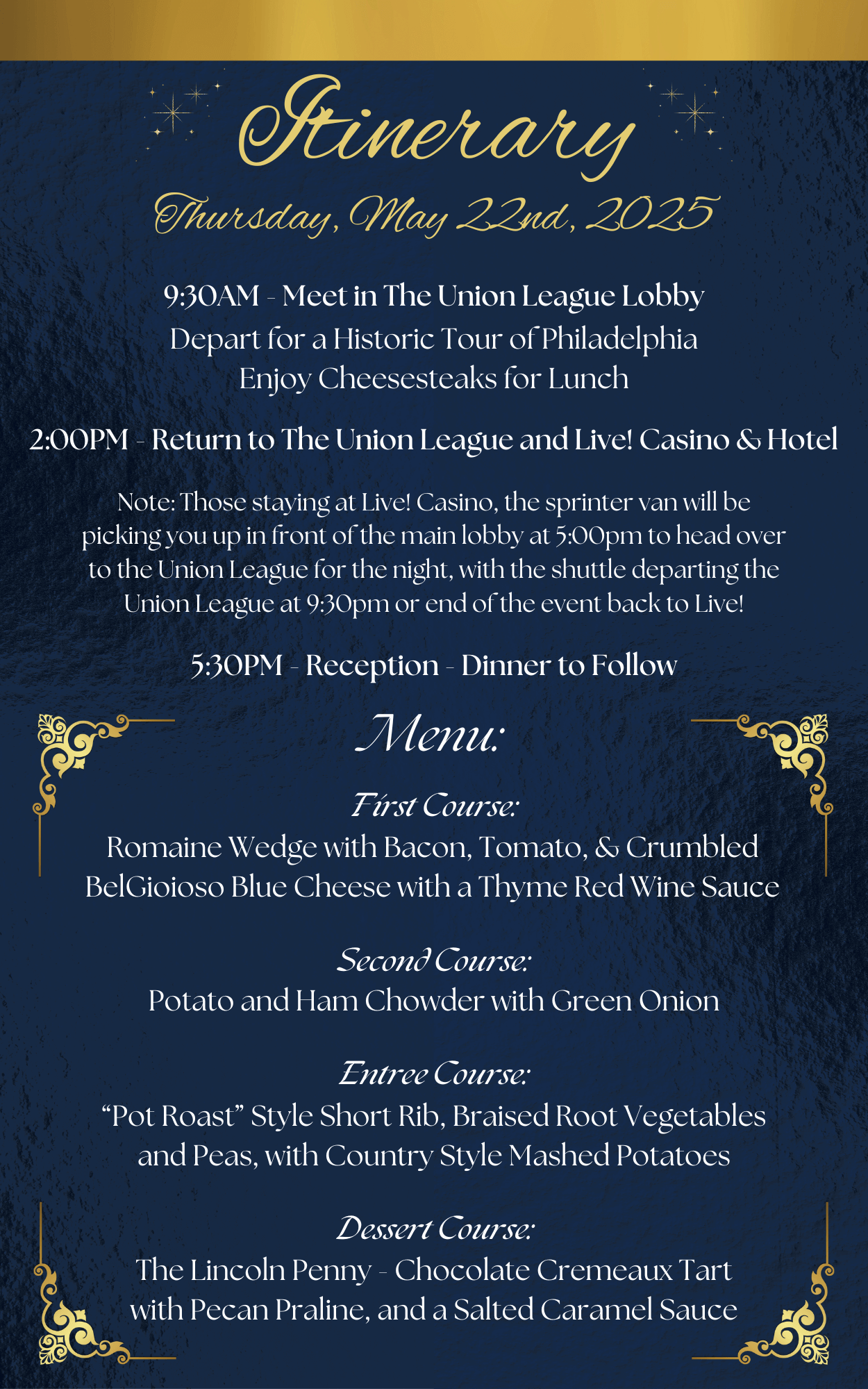 Event itinerary and menu for May 22, 2025.